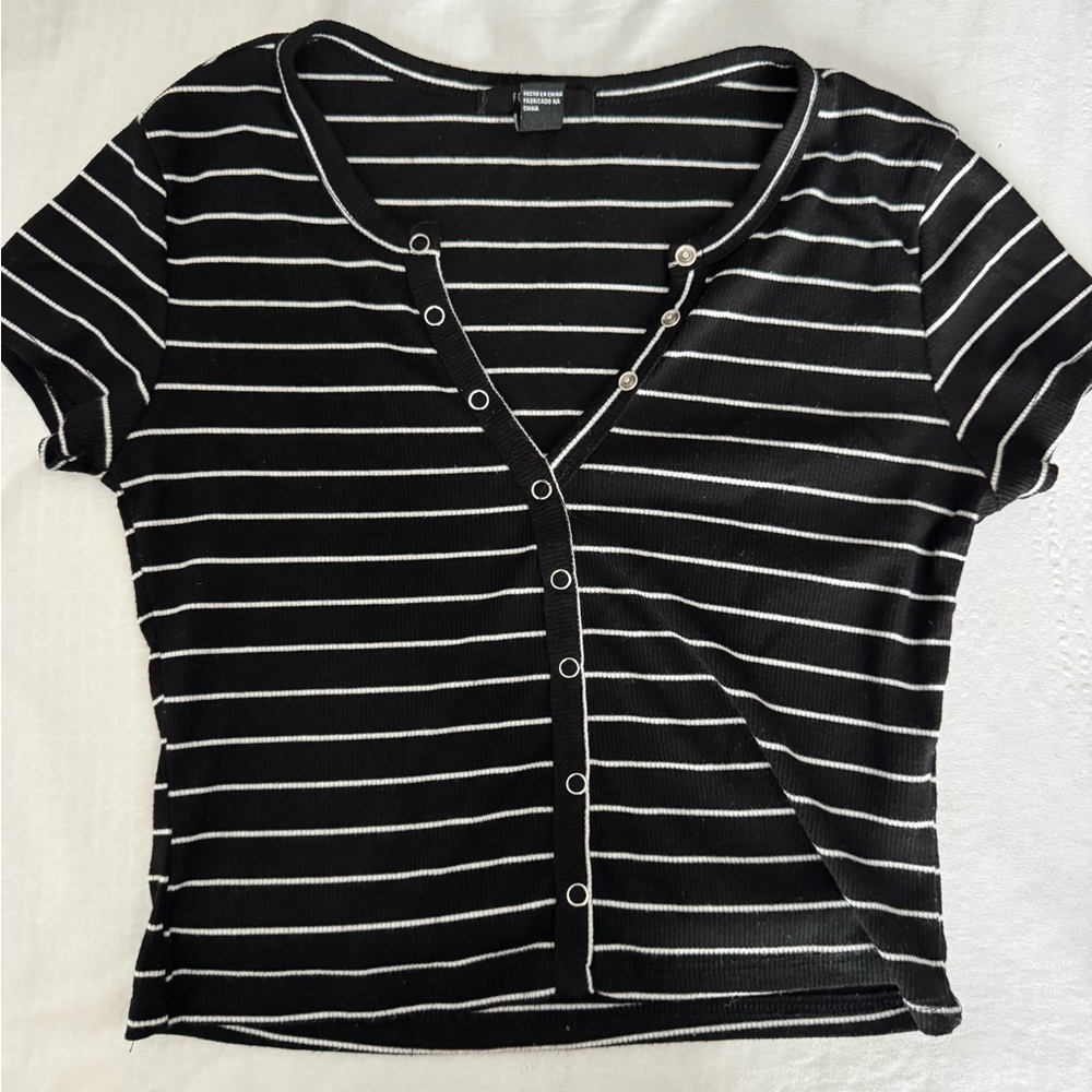 black and white stripped button up crop top